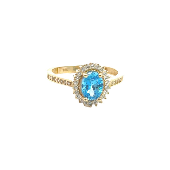 Blue Stone Ring Surrounded by Cubic Zirconia in 14K Gold - Dia Jewelry Store