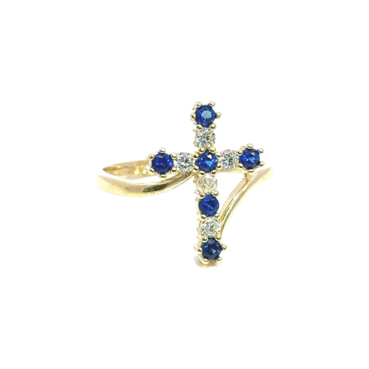 Fancy Cross Shape Blue Stones Ring in 14K Gold - Dia Jewelry Store