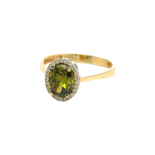 Light Green Ring Surrounded by Cubic Zirconia in 14K Gold - Dia Jewelry Store