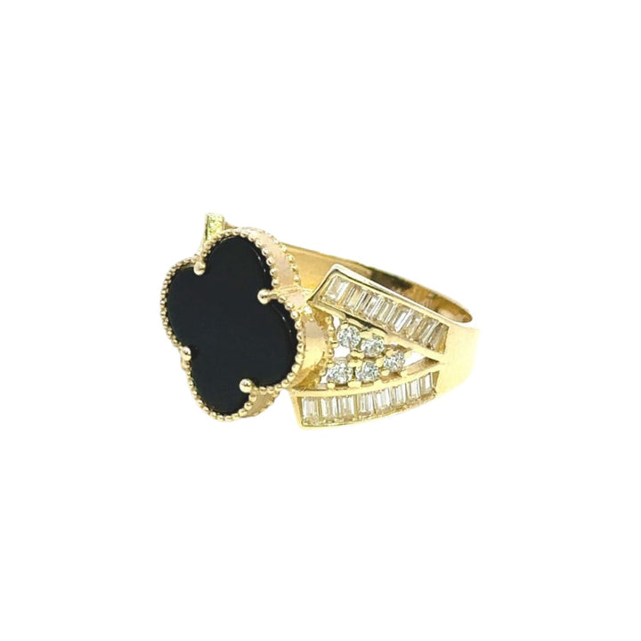 Fancy Clover Ring with Black Stone and Cubic Zirconia in 14K gold - Dia Jewelry Store