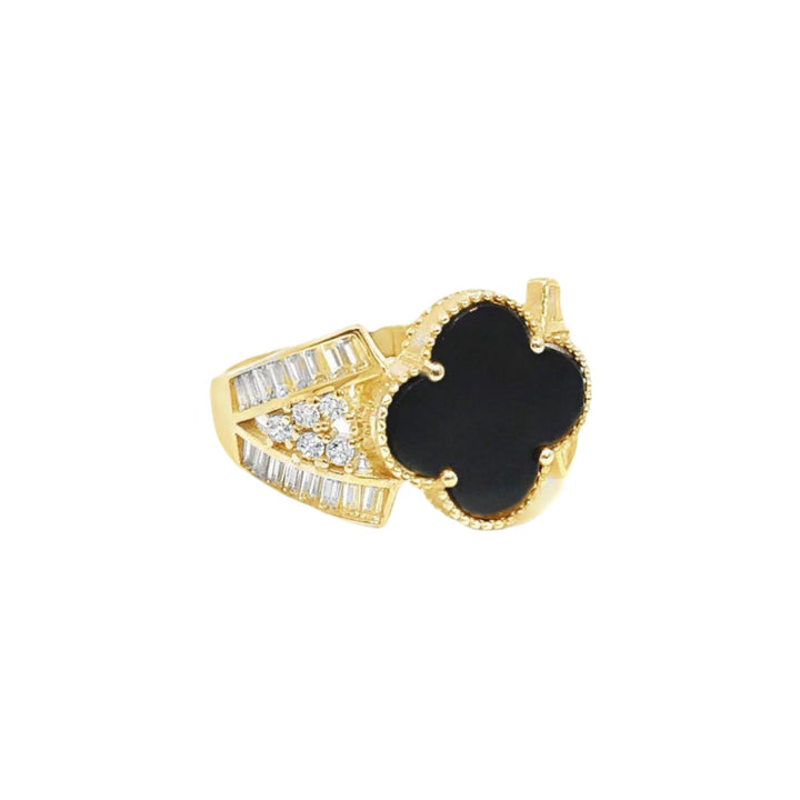 Fancy Clover Ring with Black Stone and Cubic Zirconia in 14K gold - Dia Jewelry Store