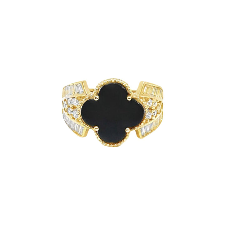 Fancy Clover Ring with Black Stone and Cubic Zirconia in 14K gold - Dia Jewelry Store
