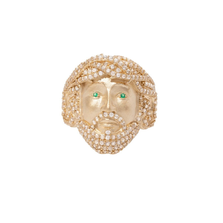 Beautiful Jesus Head Ring with Green Eyes with Cubic Zirconia in 14K Gold - Dia Jewelry Store