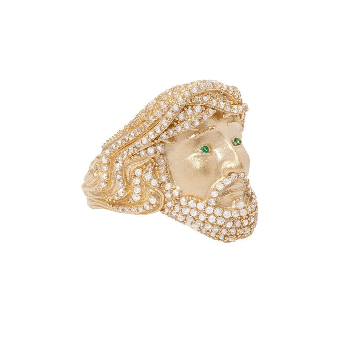 Beautiful Jesus Head Ring with Green Eyes with Cubic Zirconia in 14K Gold - Dia Jewelry Store