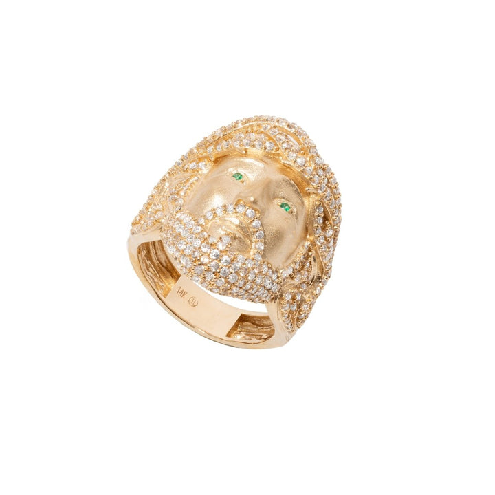 Beautiful Jesus Head Ring with Green Eyes with Cubic Zirconia in 14K Gold - Dia Jewelry Store