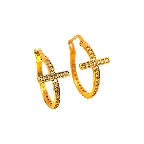 Cross Hoop Earrings with Cubic Zirconia in 14K Gold - Dia Jewelry Store