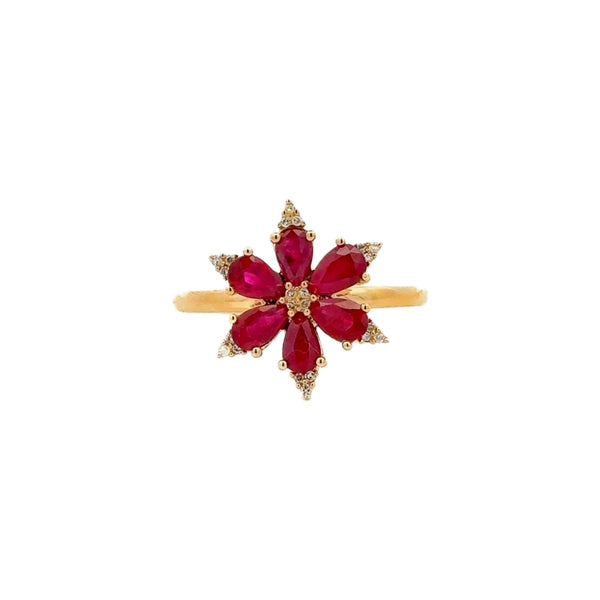 Stylish Diamond Flower Ring with Rubies in 14K Gold - Dia Jewelry Store